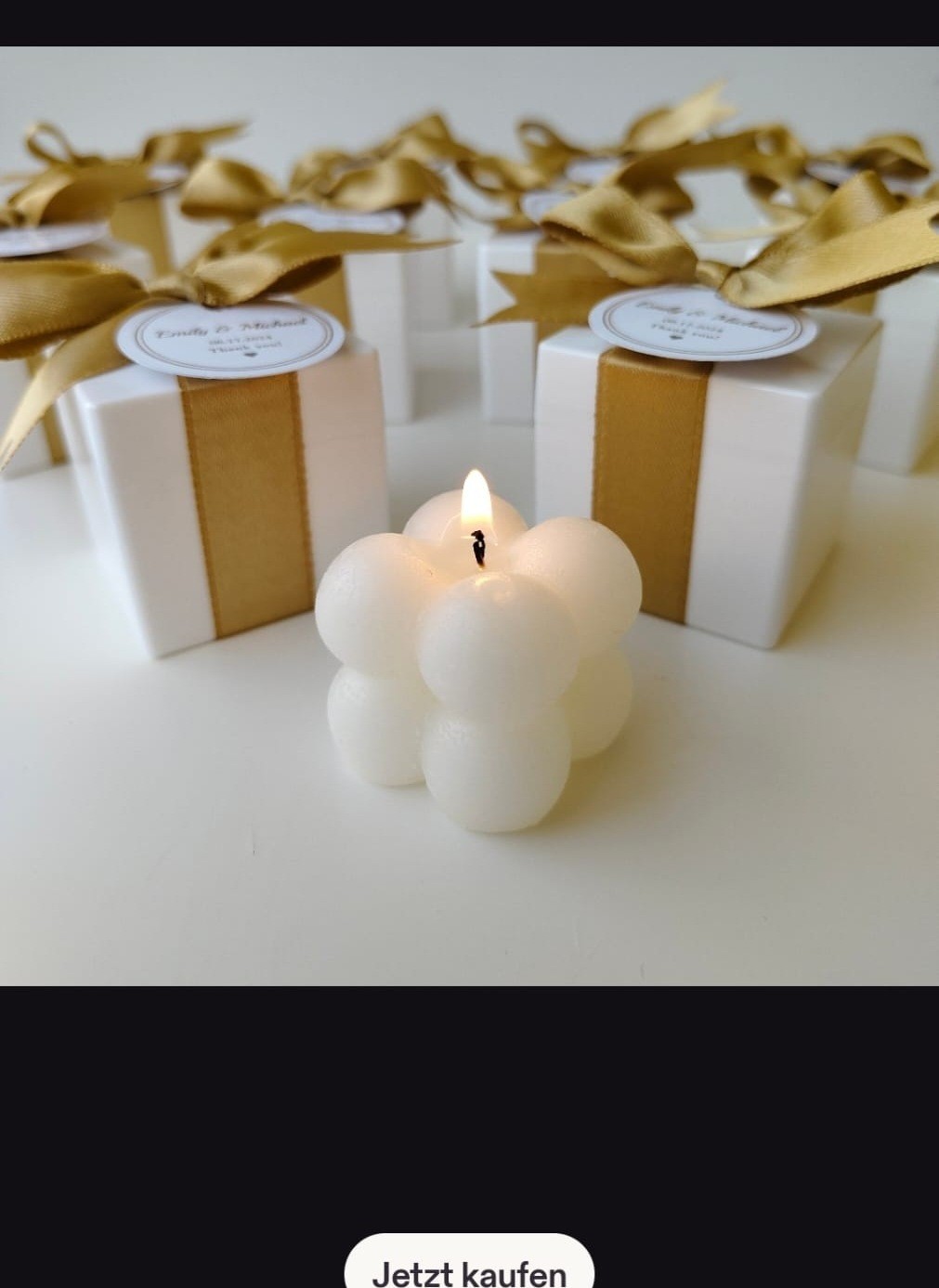 Mini Bubble Kerze aus Sojawachs in weißer Geschenkbox mit goldenem Band