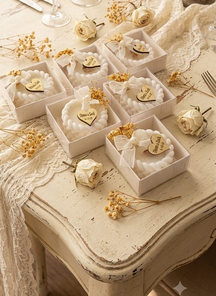 Rustikale Knoten-Kerze in transparenter Geschenkbox mit Holzherz-Anhänger und Trockenblumen
