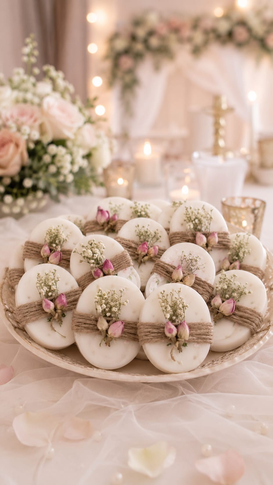 Runde Wax Melts mit Naturkordel und getrockneten Rosenknöspchen auf einer Servierplatte